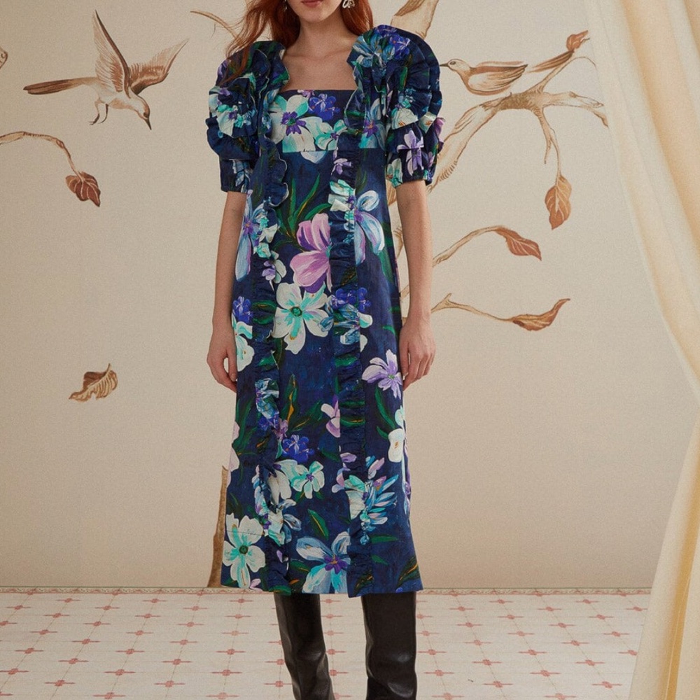 NWT FARM Rio Floraline Ruffle Short Sleeve Midi Dress - Picture 2 of 6